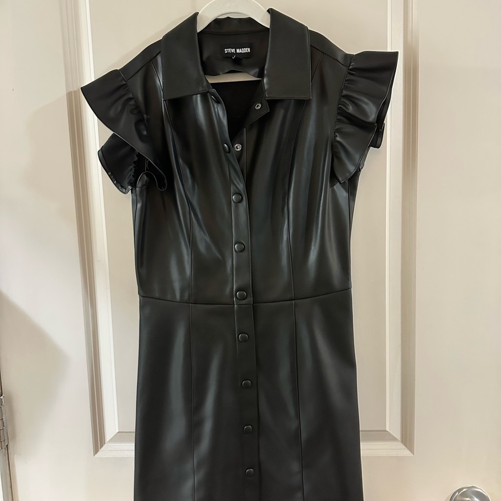 Steve Madden Black Faux Leather Dress with Ruffle Sleeves